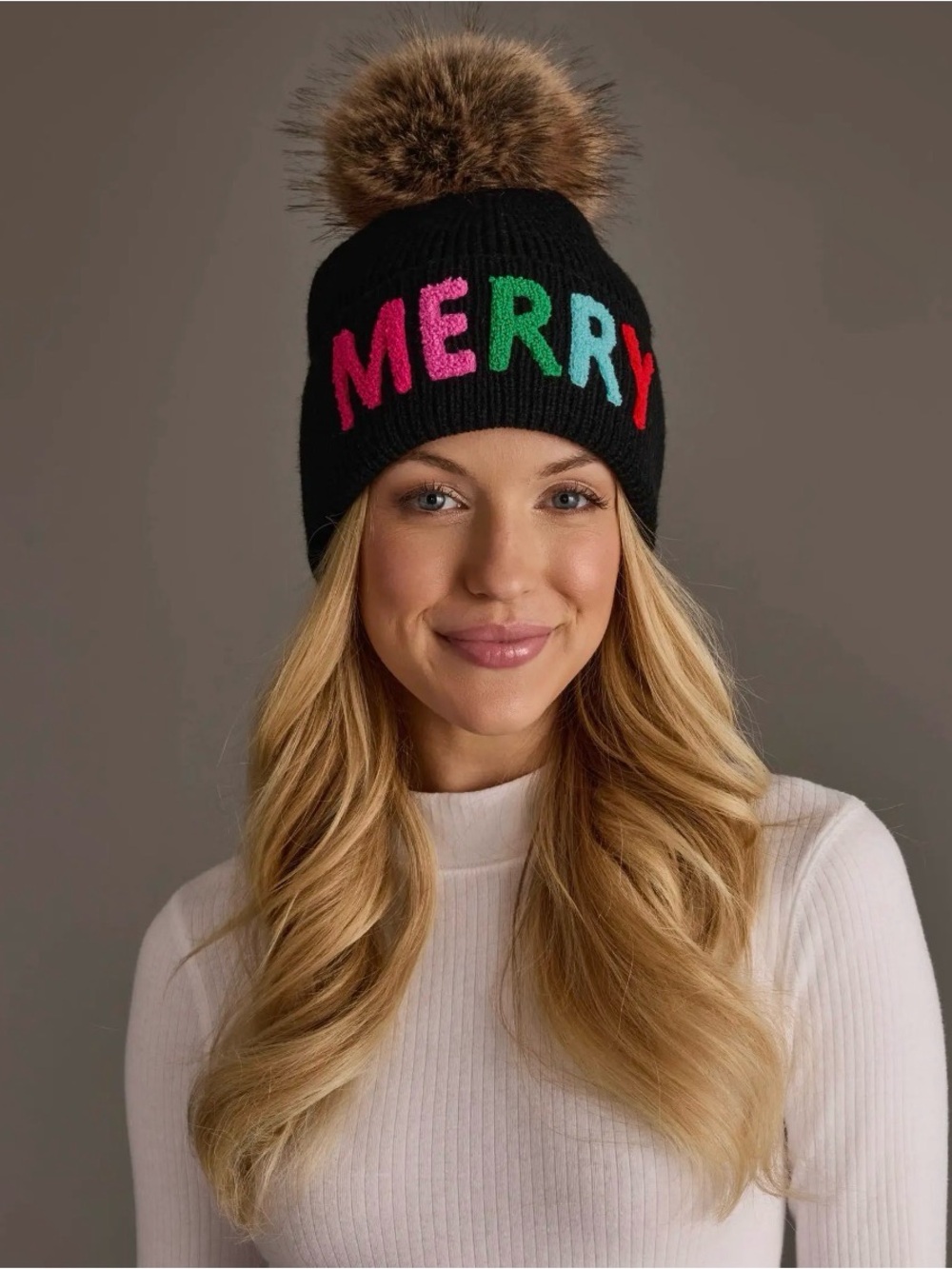 Black MERRY Embroidered Pom Beanie - Black with Multicolor Letters